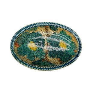 Vintage Plastic Floral Brooch Oval Green Yellow Flowers 2" Handcrafted Japan